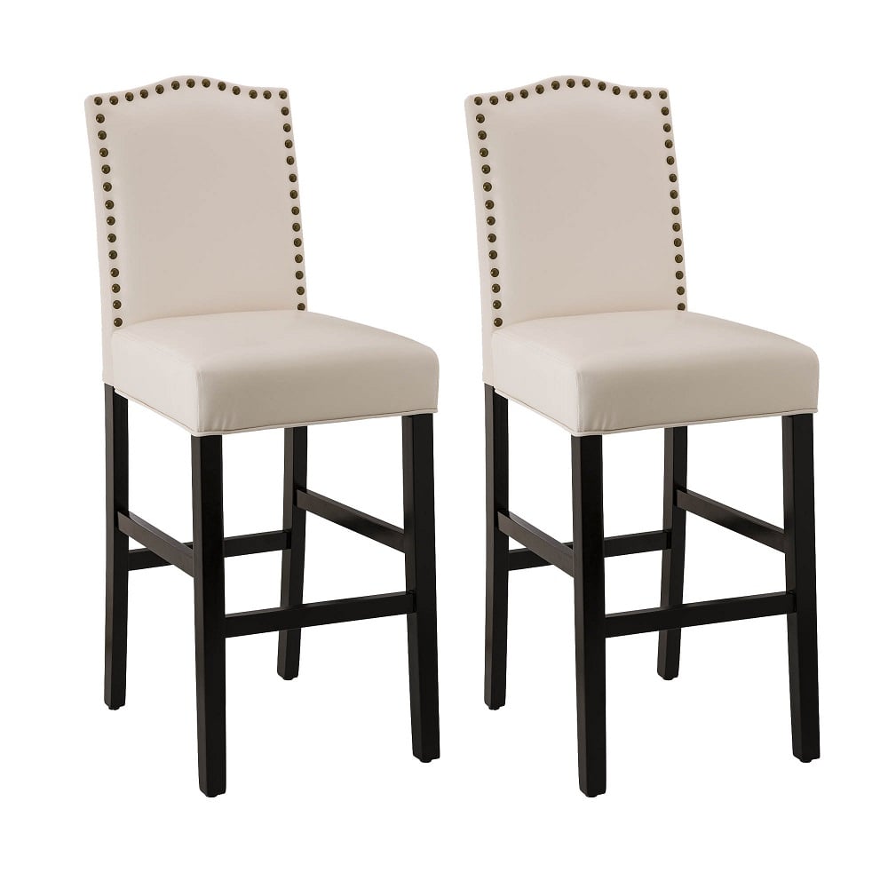 Glitzhome 45" Cream White Leatherette Bar Chair with Studded Back, Solid Rubberwood Legs, Set Of 2 - 2000900002 Main Image