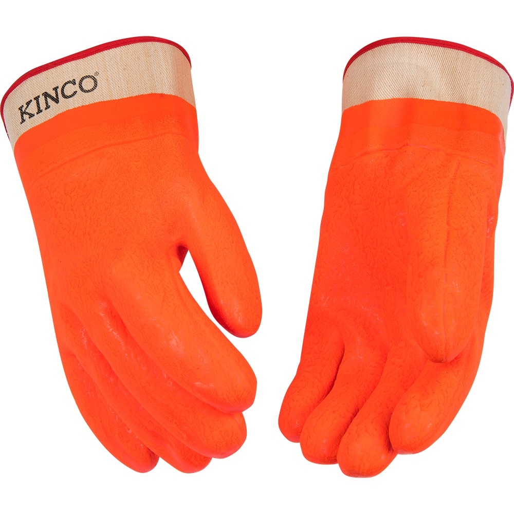Kinco Lined Hi-Vis Orange Sandy Finish PVC Gloves with Safety Cuff - 4160L