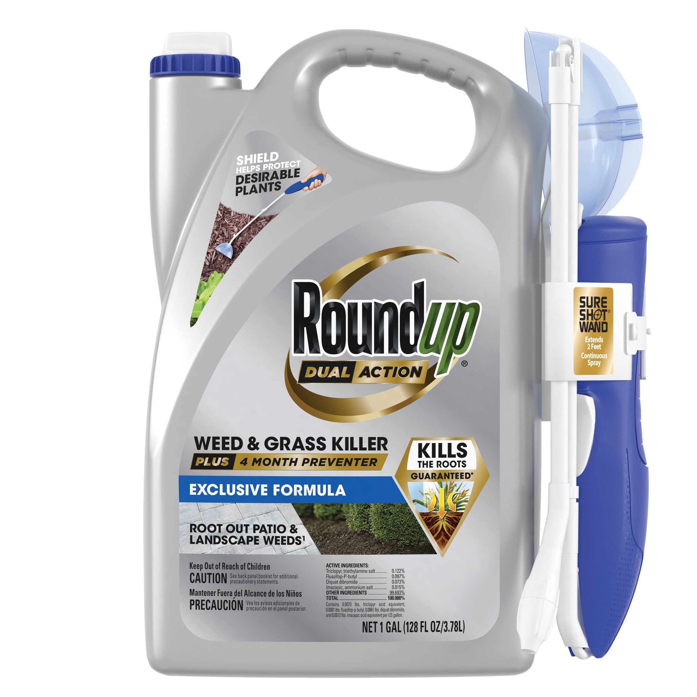 Roundup Dual Action Weed & Grass Killer Plus 4 Month Preventer with Sure Shot Wand, 128 oz. - 5378304