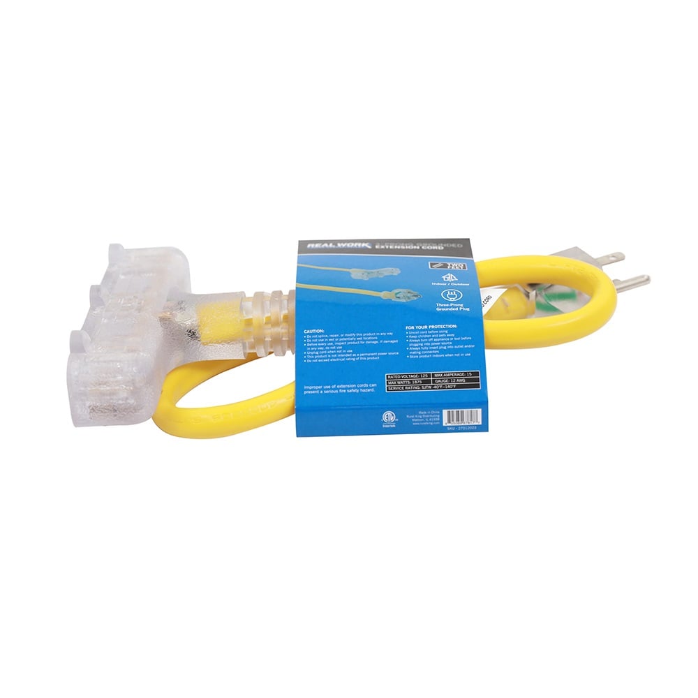 Real Work Tools™ 12/3 Indoor/Outdoor Triple Tap 2' Extension Cord, Yellow - 20170300310