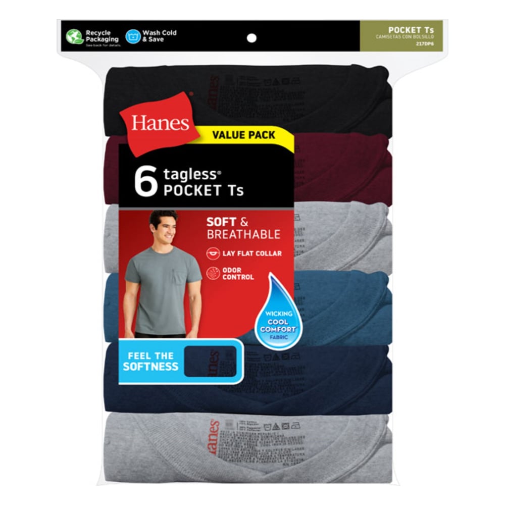 Hanes Men's Soft And Breathable Pocket T-Shirt, 6 Pack - 217DP6