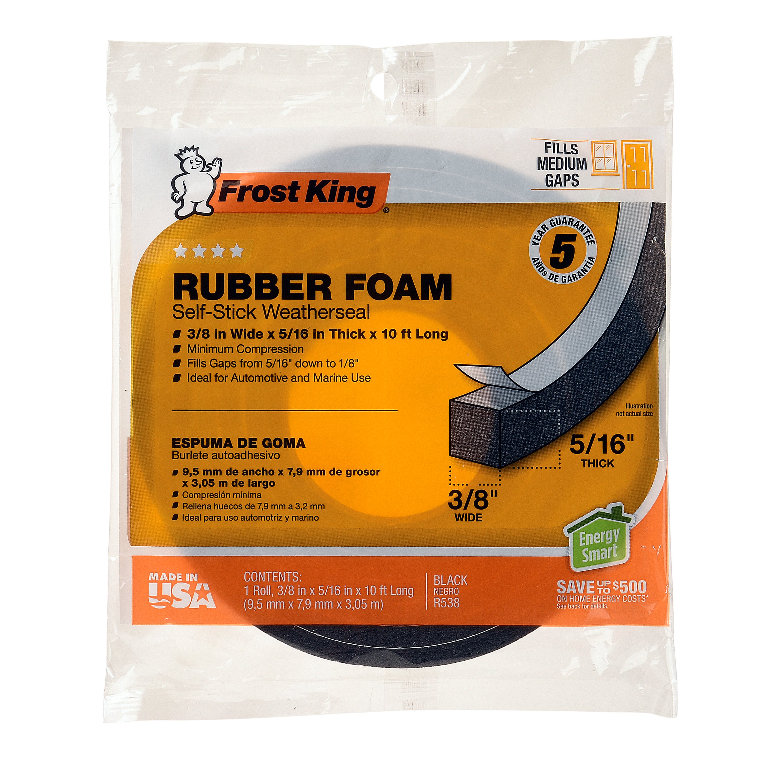 Frost King Sponge Rubber Foam Weatherseal, Black - R538AW