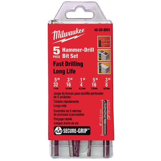 Milwaukee 3-Flat Secure-Grip Hammer Drill Bit Set, 5 Piece Set - 48-20-8851