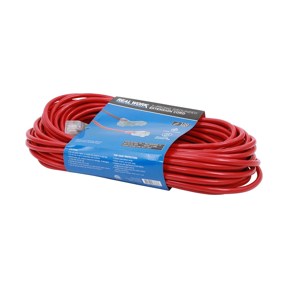 Real Work Tools™ 14/3 Indoor/Outdoor Triple Tap 100' Extension Cord, Red - 20170302210