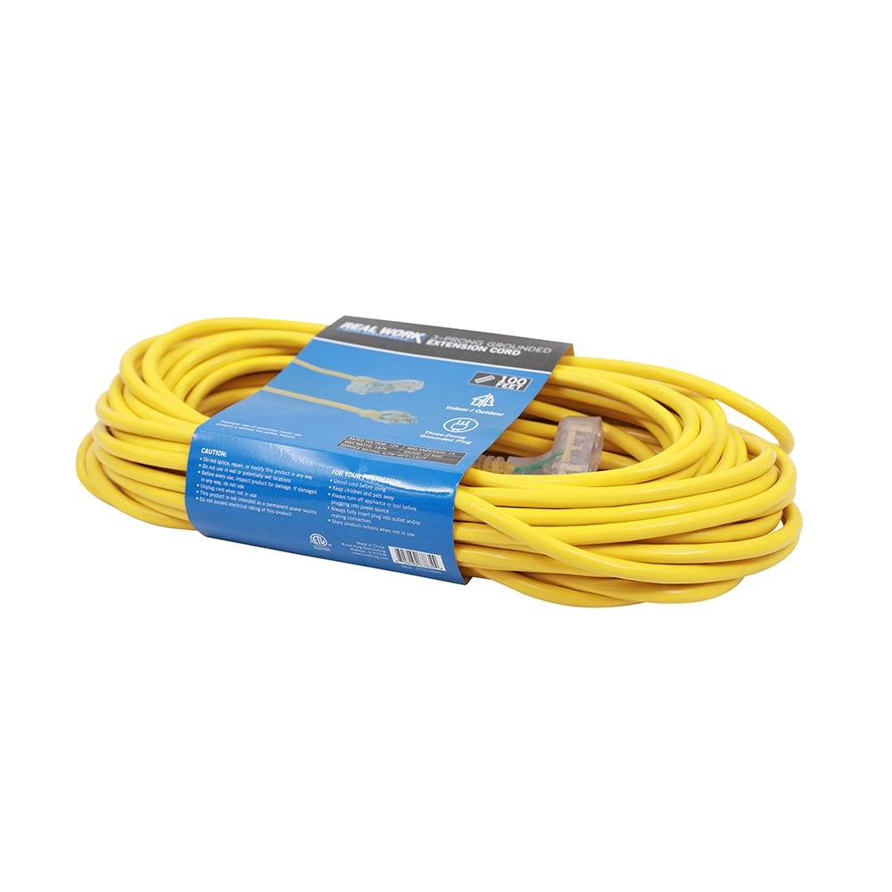 Real Work Tools™ 12/3 Indoor/Outdoor Triple Tap 100' Extension Cord, Yellow - 20170302010