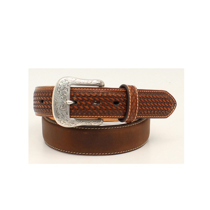 Ariat Mens Belt Medium Brown With Basketweave Embossed Tabs And Ariat Concho-A1019644