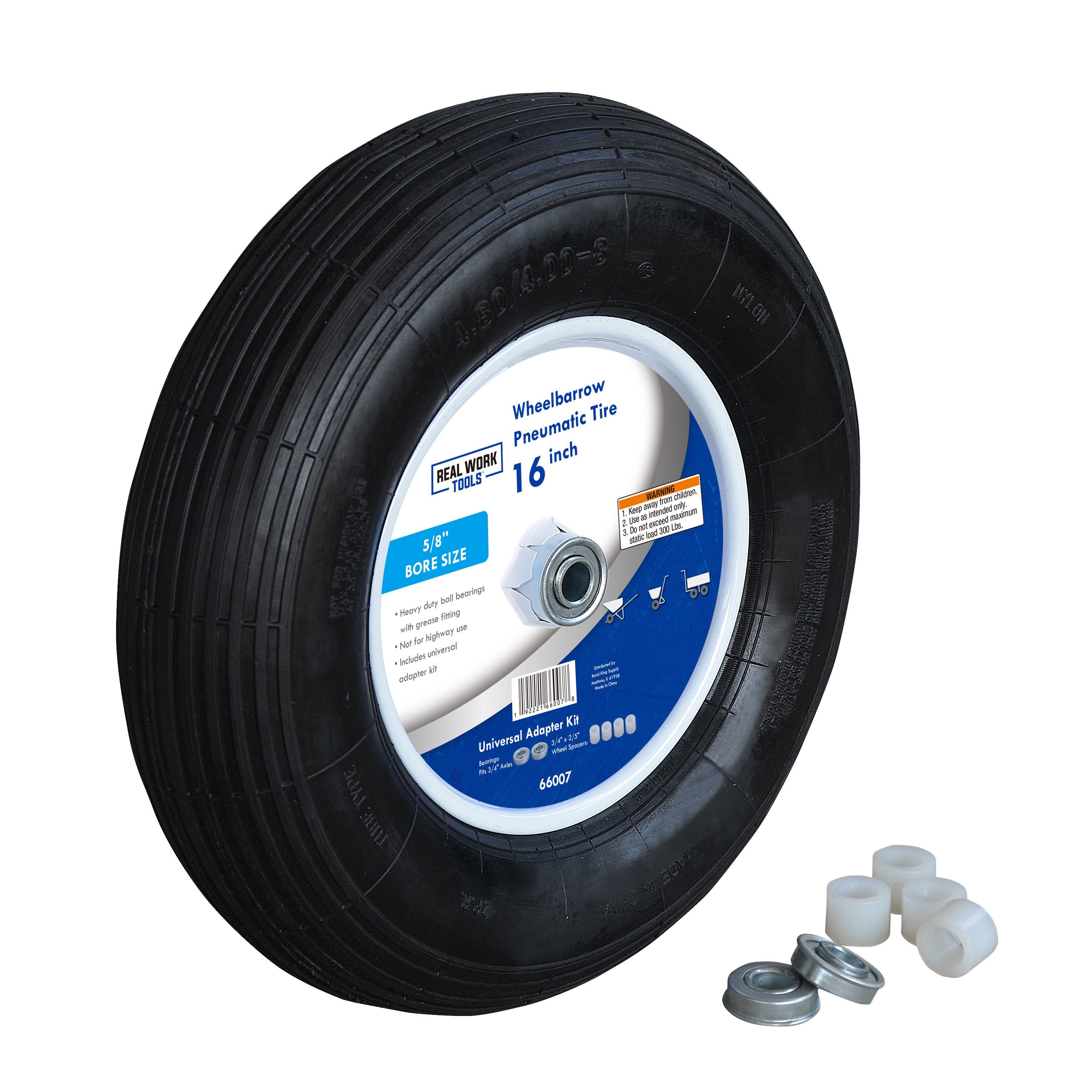 16 Inch Pneumatic Wheelbarrow Tire with Universal Bearing Kit - 66007