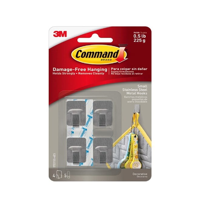 Command™ Small Stainless Steel Metal Hooks, 4 Hooks, 5 Strips 17031SS-4ES