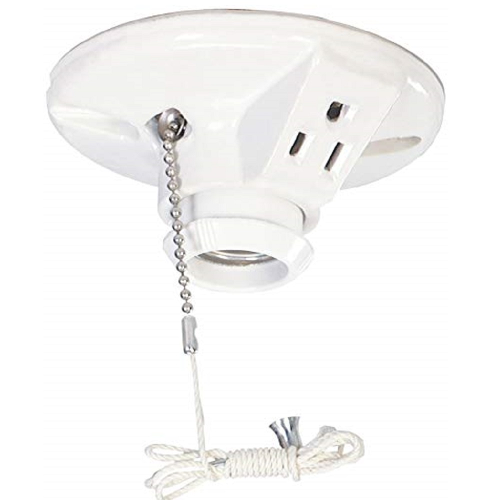 Pull Chain Lampholder with 2 pole 3 wire receptacle 660W 125V White Porcelain - 667-SP