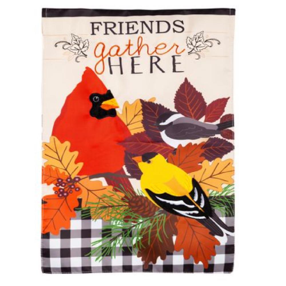 Evergreen Fall Songbirds Gather Garden Applique Flag - 169175