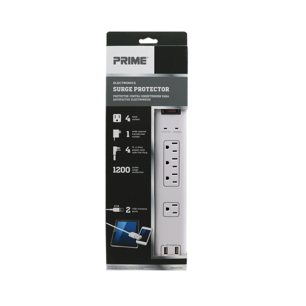 Prime Wire and Cable® 4-Outlet Multimedia Surge Protector with 2-Port USB-A Charger - PB505104