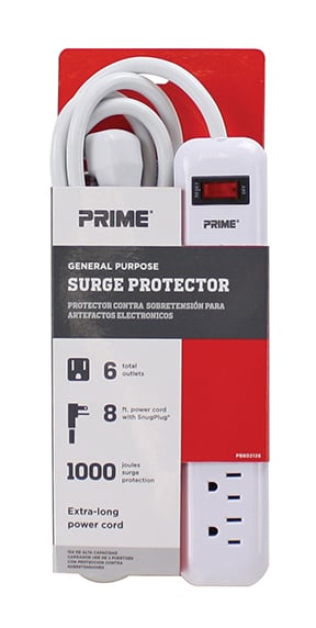 Prime 6-Outlet Surge Protector Strip Cord White - PB802126