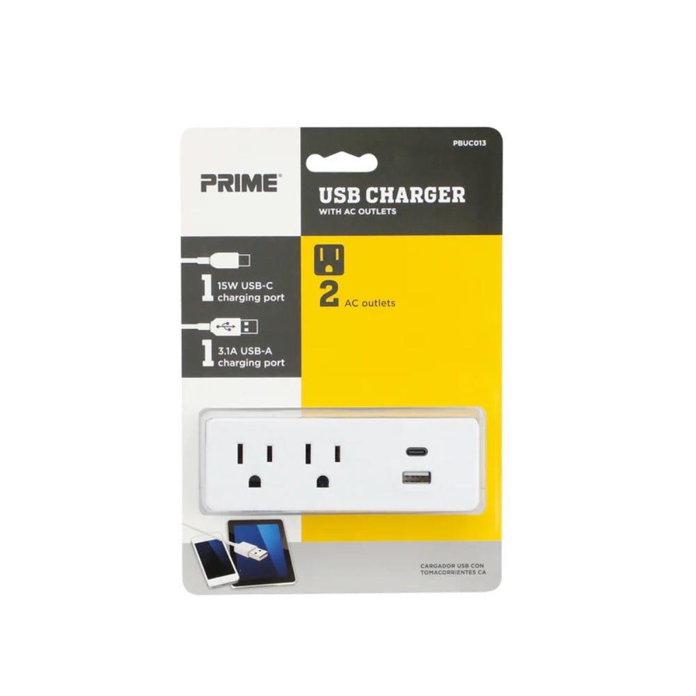 Prime Wire and Cable® 2-Outlet Wall Tap 1-Port Type USB-A & 1-Port USB-C 3.1A USB Charger - PBUC013