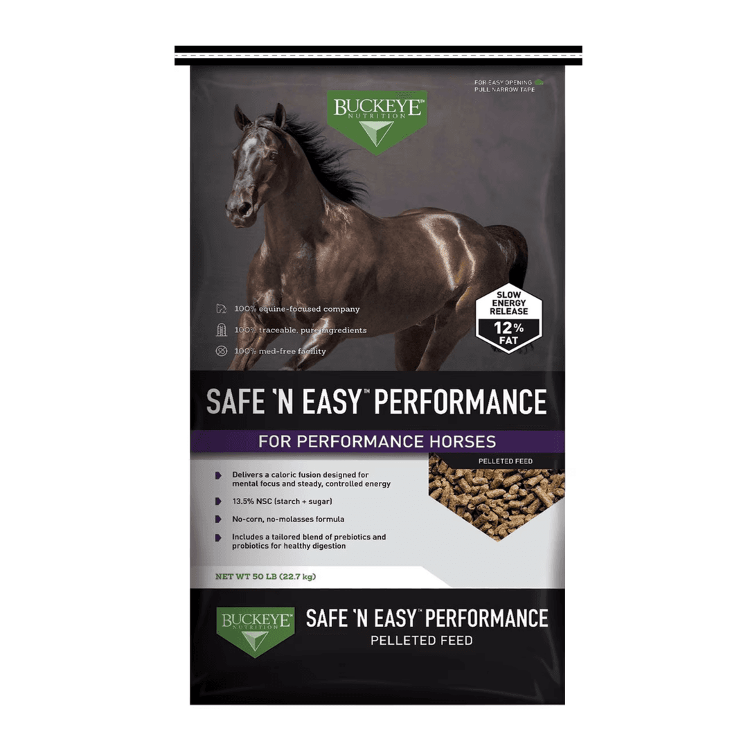 BUCKEYE Nutrition SAFE 'N EASY Performance, Low Starch and Sugar Pelleted Performance Horse Feed, 50 lb Bag