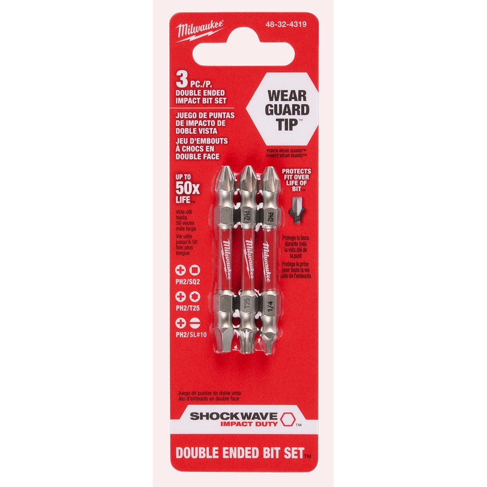 Milwaukee SHOCKWAVE Impact Duty™ PH2/SQ2/T25 Double Ended Bits, 3 Piece  - 48-32-4319