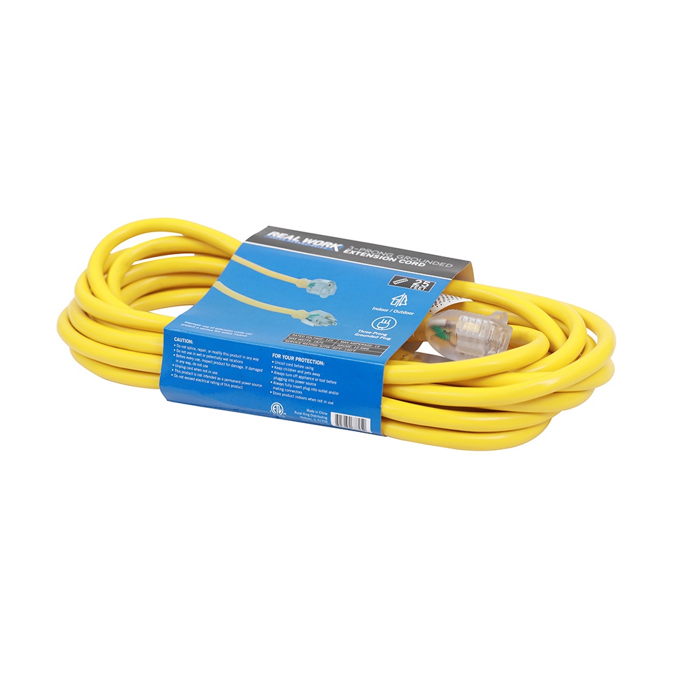 Real Work Tools™ 12/3 Indoor/Outdoor 25' Extension Cord, Yellow - 20170301110