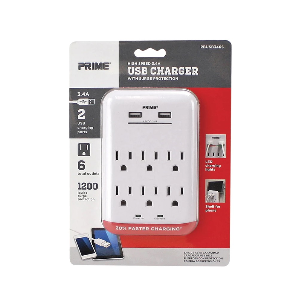 Prime Wire and Cable® 6-Outlet Surge Tap with 2-Port 3.4A USB-A Charger - PBUSB346S