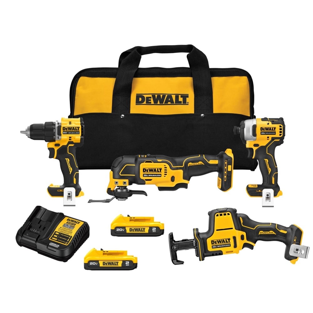 DEWALT® ATOMIC 20-Volt Lithium-Ion Cordless Brushless 4-Tool Combo Kit with (2) 2.0AH Batteries, Charger and Bag - DCK486D2
