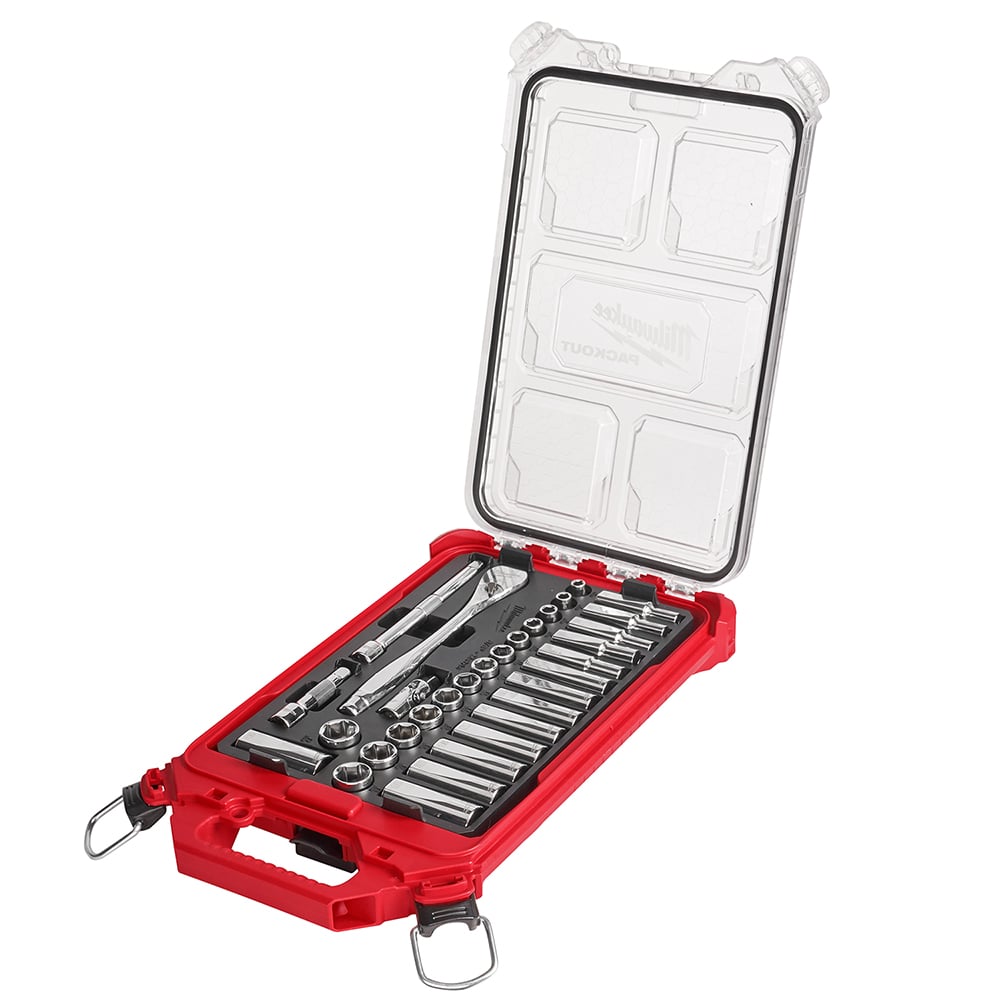 Milwaukee 3/8” Drive Metric Ratchet & Socket Set with Packout Low-Profile Compact Organizer, 32 Piece Set - 48-22-9482
