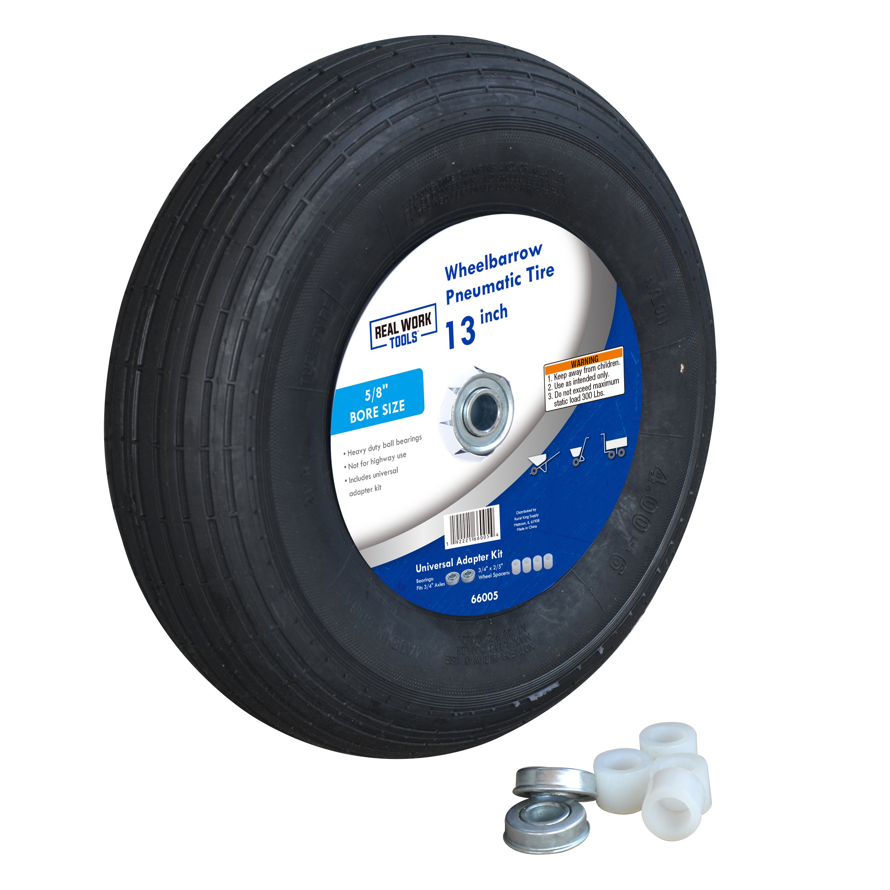 13 Inch Pneumatic Wheelbarrow Tire with Universal Bearing Kit - 66005